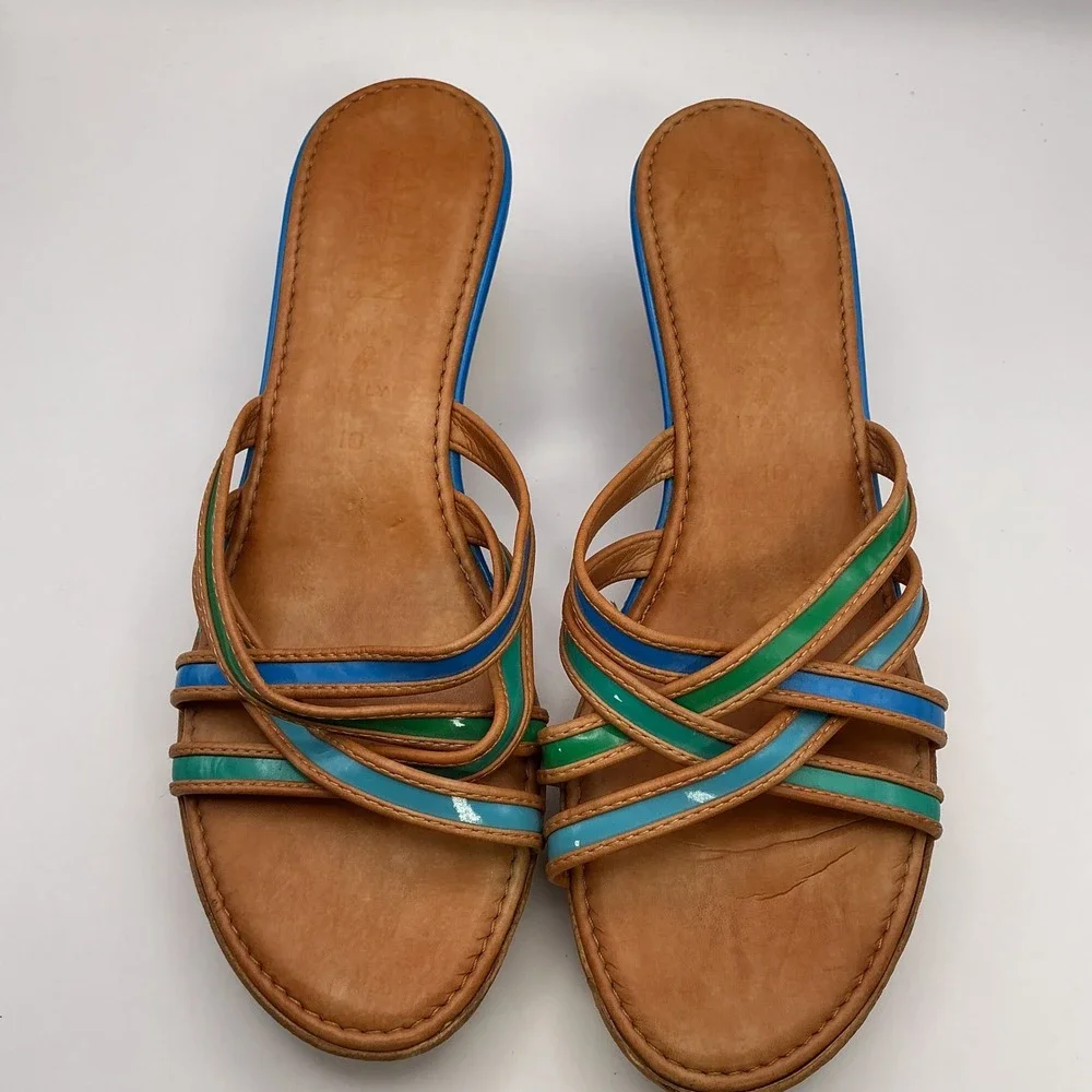 Italian Shoemakers Womens 10 Wedge Sandals Blue Green Tan Multi Strap Made Italy